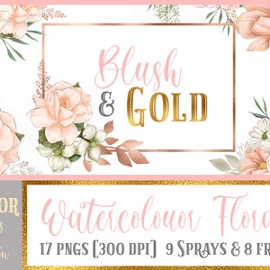 Blush & Gold Digital Watercolour Flower Arrangements, Clipart e Frames Bundle; Floreale; Matrimonio; Inviti; Cancelleria; Carte; Oro rosa