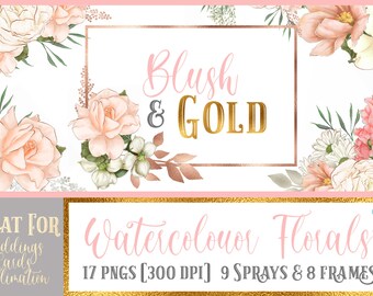 Blush & Gold Digital Watercolour Flower Arrangements, Clipart and Frames Bundle; Floral; Wedding; Invitations; Stationery; Cards; Rose Gold