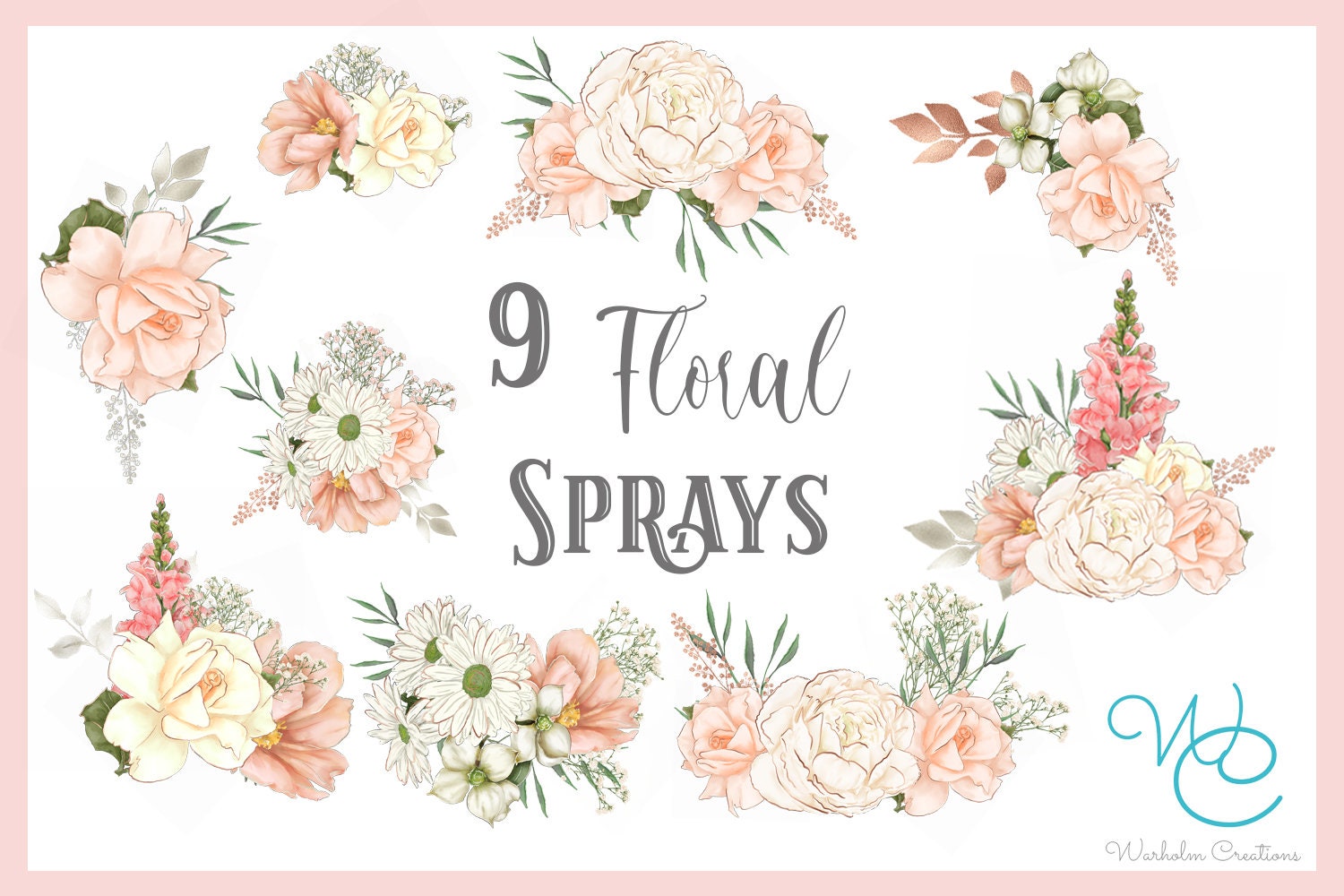 Blush & Gold Digital Watercolour Flower Arrangements, Clipart and ...