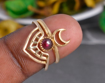 Moon Ring Red Garnet Ring Crescent Ring Adjustable Ring Moon Garnet Ring Half Moon Ring Hippie Ring,Boho Ring,925 Sterling Silver Ring