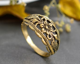 Gold  Statement Sunflower Ring with Leaf, Flower Ring, Leaf Ring, Statement Ring