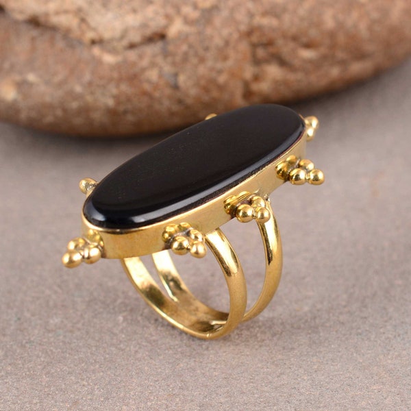 Black Onyx Ring, Big Stone Ring, Handmade Ring, Women Ring , Gift For Her , Beaded Onyx Ring