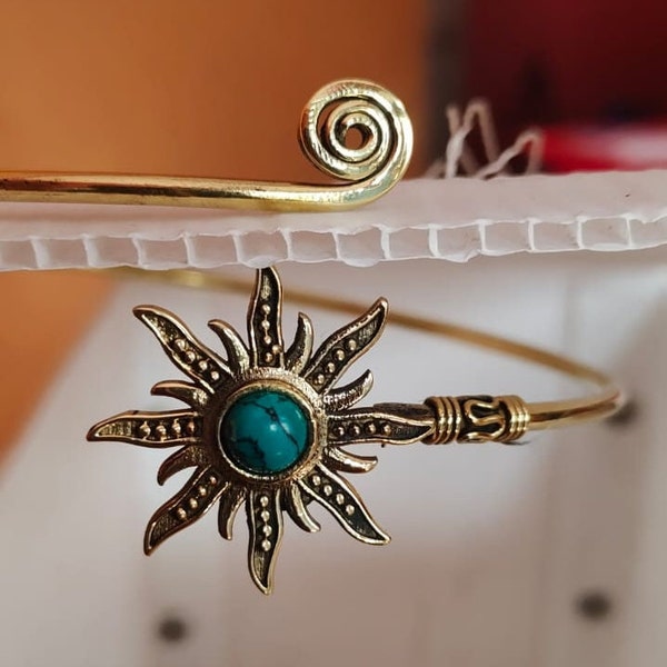 Turquoise Sun Adjustable Gold Bangle Bracelet - Tribal Gemstone Crystal Festival Boho Jewelry, upper arm cuff