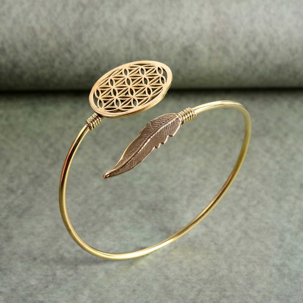 Gold Flower of Life and leaf Adjustable arm cuff