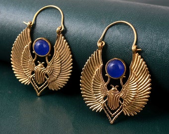 Lapis Gemstone scarab earrings, Lapis Earring, insect jewelry, Brass Egyptian Talisman scarabs earrings