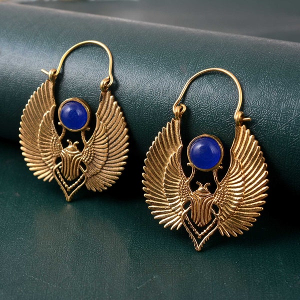 Lapis Gemstone scarab earrings, Lapis Earring, insect jewelry, Brass Egyptian Talisman scarabs earrings