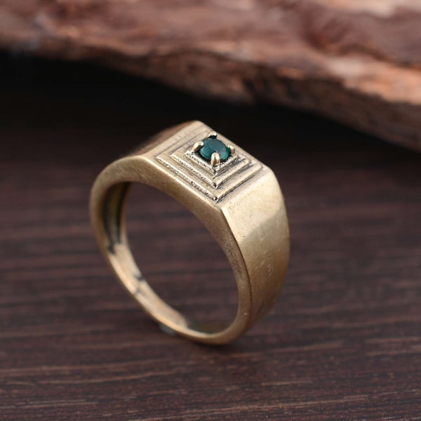 Green onyx Men Signet Ring , Brass Ring, handmade Ring, gift for  men , signet ring, Men birthday Gift