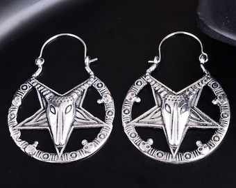 Baphomet Satanic Goat Head Inverted Pentagram Silver Finish hoop Earrings