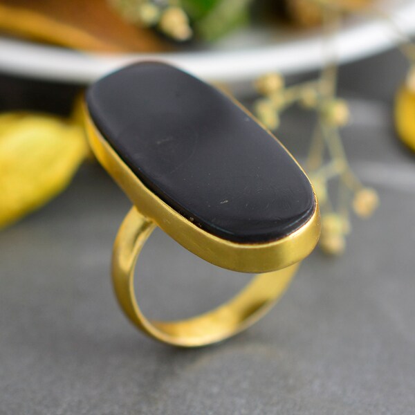 Natural Black Onyx Ring, Brass Gemstone Ring, Gemstone Ring, gold Ring, Handmade Ring, Woman Ring, Celebration Ring,Big Stone Gold ring