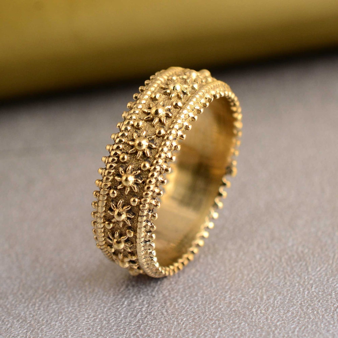 Unique Sandblasted Ring/ Beaded Gold Stylish Sandblasted Band/ Thick