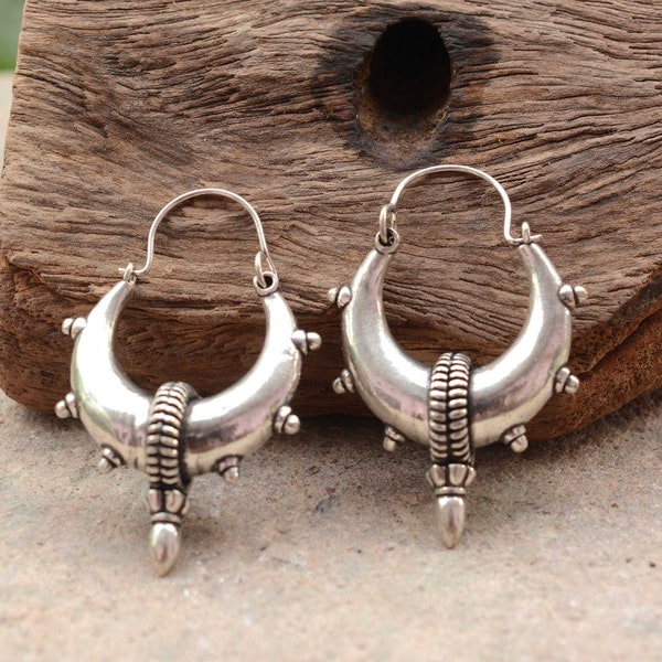 Tribal Bali Huggie Hoop ,Chunky  Silver Hoops; Ethnic Boho Chic Rustic Psy Gypsy Small Hippie Bohemian Festival style.