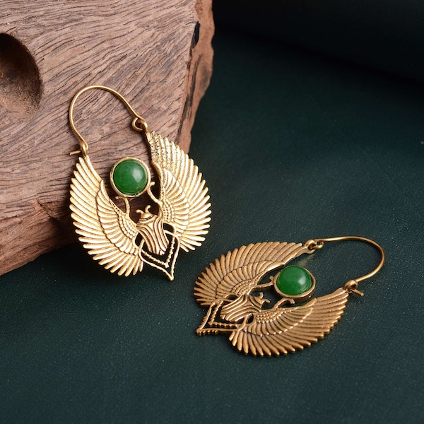 Green onyx scarab earrings,  Onyx Earring, insect jewelry, Brass Egyptian Talisman scarabs earrings