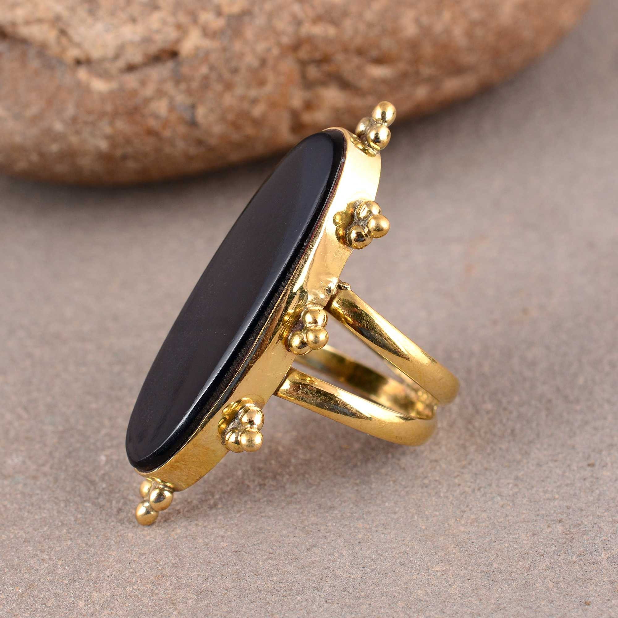 Black Onyx Ethnic Jewelry Brass Handmade Ring US Size 9 R-7913