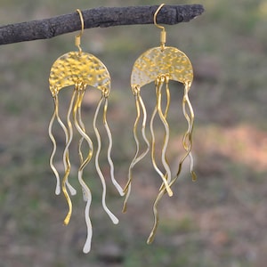 Gold Jellyfish Earrings, Brass Earrings, Extra Long Dangle Sea Jewelry, Jelly Fish, Gift For Mom, Earrings For women, Gift For Her