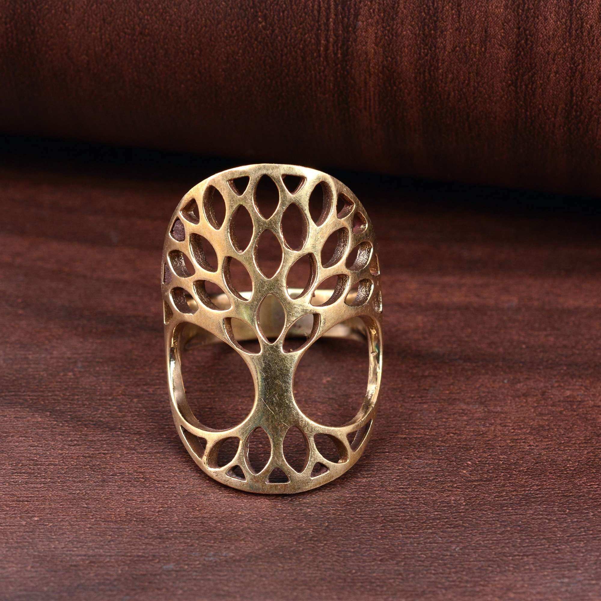 Gold-coloured stainless steel ring, signet ring, tree of life