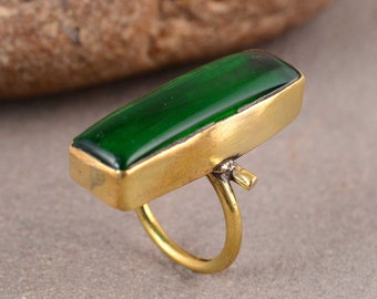 Natural Green Onyx Ring, Brass Gemstone Ring, Gemstone Ring, gold Ring, Handmade Ring, Woman Ring, Celebration Ring,Big Stone Gold ring