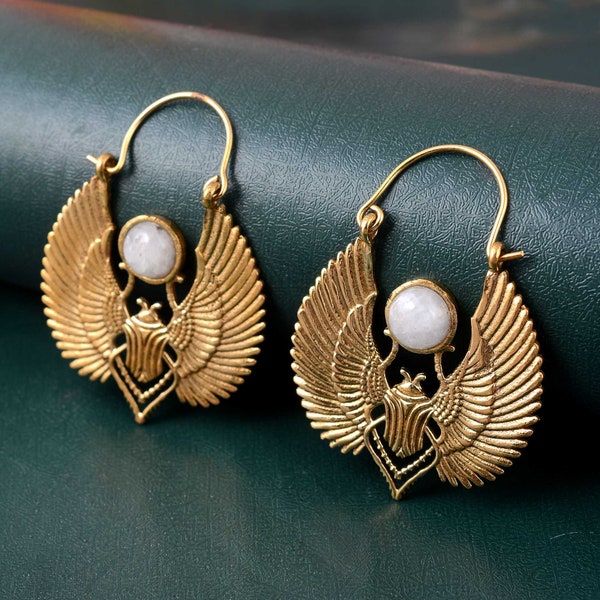 Brass Moonstone scarab earrings, Moonstone Earring, insect jewelry, Brass Egyptian Talisman scarabs earrings