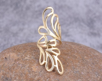 Long Gold Leaves Ring for Women, Tree Ring, Full Finger gold Ring, Nature Ring, Spiral Ring, Nature Jewelry, Beauty Gift