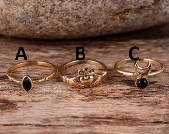 Three brass Stacking Ring SET , Claddagh Ring, Black onyx Half Moon Ring, Thin onyx Stacking Ring