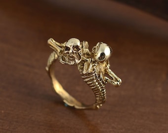 Twin Skull gotische verlovingsring - gouden gotische schedelring, suikerschedelring, schedelsieraden, vrouwen of mannen schedelring, cadeau voor Goth