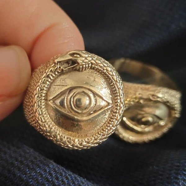 All Seeing Eye Ouroboros Ring Gold Evil Eye Snake Eating Tail Talisman Amulet Ancient Symbol Eye of Providence