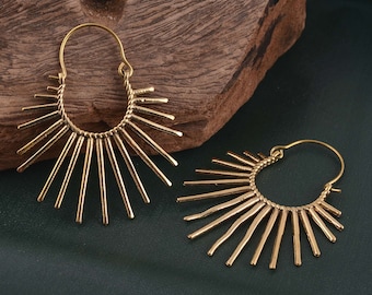Large sunburst hoop earrings. Gold brass earrings. Geometric, modern, hip, Spike jewelery