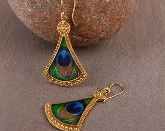 Peacock feather Gold Earring ,Women earring, brass earrings, gold earrings, handmade jewelry, statement earrings,