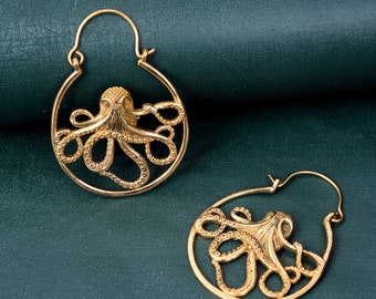 Gold Octopus Kraken Hoop Earrings