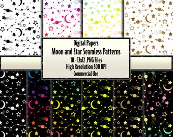 Moon, Stars and Galaxy Digital Paper, Gold Glitter Moon, Celestial Paper Seamless Pattern, Star Scrapbook Paper Background Textures