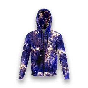 Galaxy Zip Hoodie ~ Blue Outer Space Astronomy Universe Nebula Stars Celestial Constellations Rave EDM Festival Hooded Sweatshirt