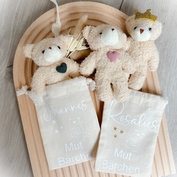 Geschenk Einschulung Mutmacher Mut Macher Bärchen mit Geschenk Säckchen personalisiert - Geschenk für Schüler - Erstklässler Geschenk Idee