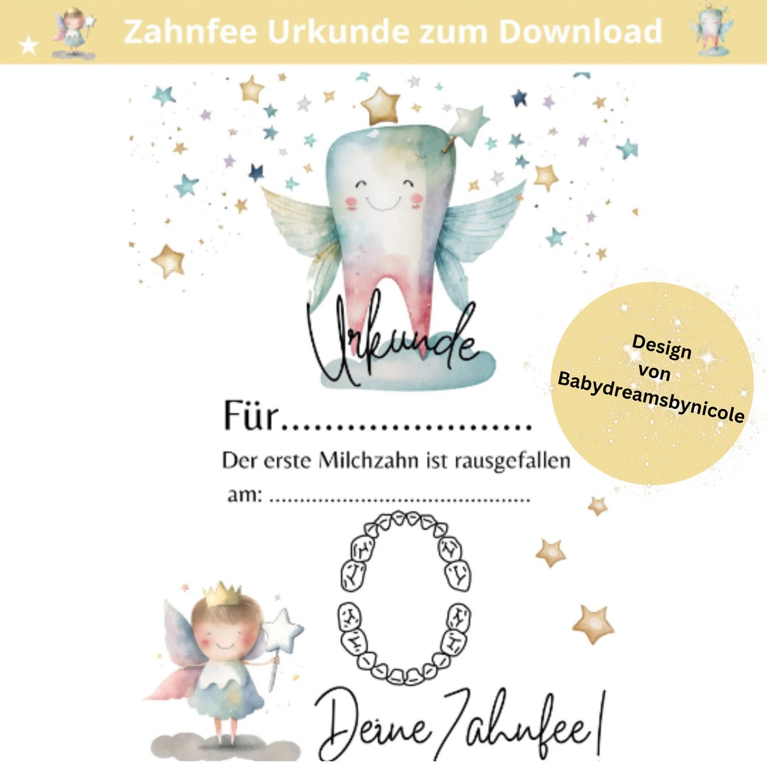 Zahnfee Urkunde als PDF Download Zahnfee Geschenk Urkunde von der