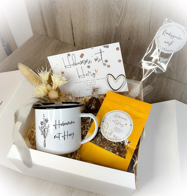 Hebamme Geschenk Set Früchtetee mit Tasse und Kandiszucker Tasse Hebamme mit Herz Karte Hebamme mit Herz Dankeschön Hebamme image 4