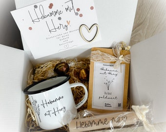Hebamme Geschenk Set - Kaffee mit Emaille Tasse und Pralinen und Kerze Tasse Hebamme mit Herz  - Karte Hebamme mit Herz - Dankeschön Hebamme