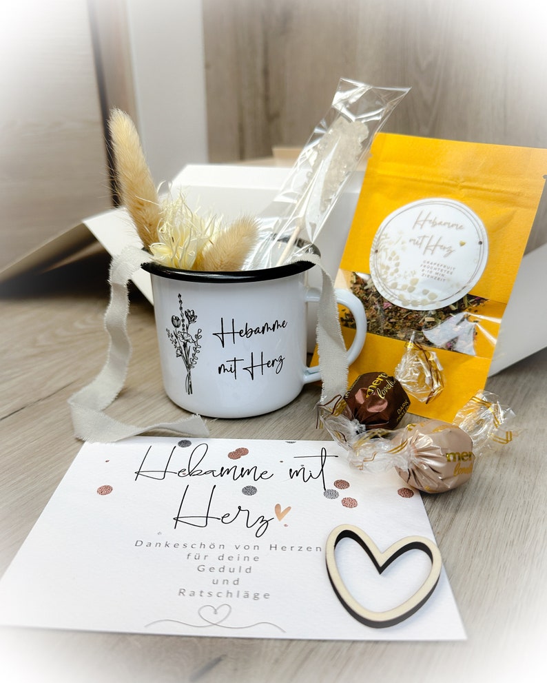 Hebamme Geschenk Set Früchtetee mit Tasse und Kandiszucker Tasse Hebamme mit Herz Karte Hebamme mit Herz Dankeschön Hebamme OHNE Geschenkverpck.