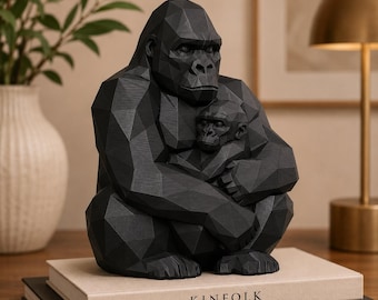 Mutter-Gorilla mit Baby Statue - Low Poly Geometrische Tierskulptur, Moderne Dekoration, Geschenk für Tierliebhaber