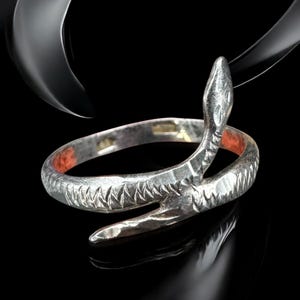 May include: A silver snake ring with a detailed, textured design. The snake is coiled around the band and its head is raised.