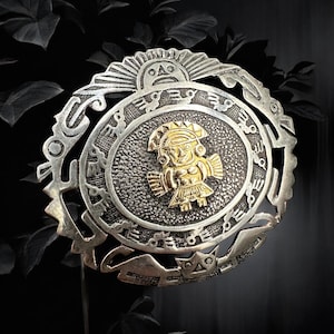 Spilla Maya Peruviana in Oro, Fatta a Mano Vintage Argento Perù 925 e 18k Inca Dio Sole ciondolo spilla, ciondolo argento, amuleto 18k oro Azteco