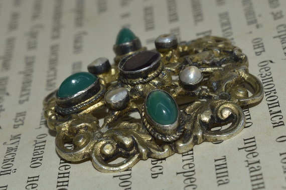 Broche Ancienne En Argent Doré Avec Chrysoprase - Bijou Antique - Style Vintage - Vendu Pour Collection