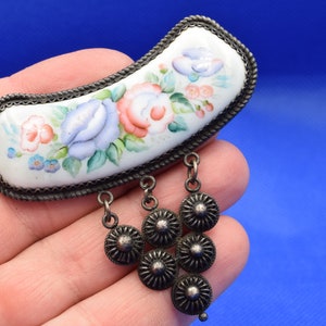 Large Vintage Ukraine Hand Painted Finift Enamel Roses Floral Ornate Filigree Frame Oval Brooch Pin, Porcelain Enamel, Filigree Brooch, gift