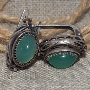 Vintage Chrysopras Schmuck, Vintage Chrysopras Ohrringe, Natürliche Grüne Farbe, Ohrringe Sterling Silber 875, Chrysopras Stein, seltener Stein