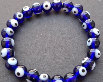 Blue Evil Eye Bracelet, Protection Bracelet, Nazar Bracelet, Good Luck Jewelry, Handmade Stretch Bracelet, 9mm Glass Beads