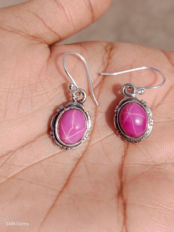 Pink Star Sapphire Earrings: Lindy Star, 925 Sterling Silver
