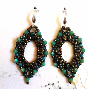 Green Bronze Beaded Dangle Earrings: Boho Sterling Silver Jewelry