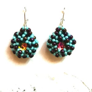 Turquoise Plum Beaded Earrings: Swarovski Crystal, Sterling Silver Hooks