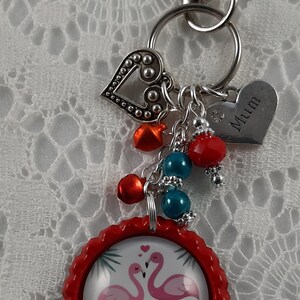 Mum, Bottle top keychain charm, featuring flamingos, beads, Austrian Crystal, Diamante Mum charm and tibetan silver charms Red I love you