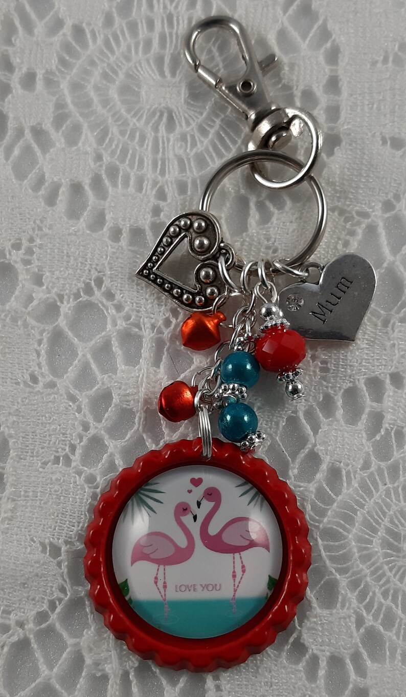 Mum, Bottle top keychain charm, featuring flamingos, beads, Austrian Crystal, Diamante Mum charm and tibetan silver charms Red I love you