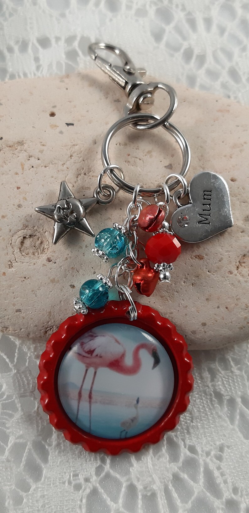 Mum, Bottle top keychain charm, featuring flamingos, beads, Austrian Crystal, Diamante Mum charm and tibetan silver charms Red Mum and Baby