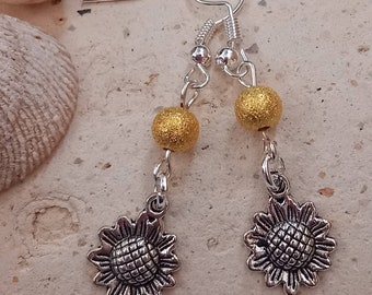 Sunflower and Stardust Silver Plated Dangle Drop Earrings Handmade in Devon