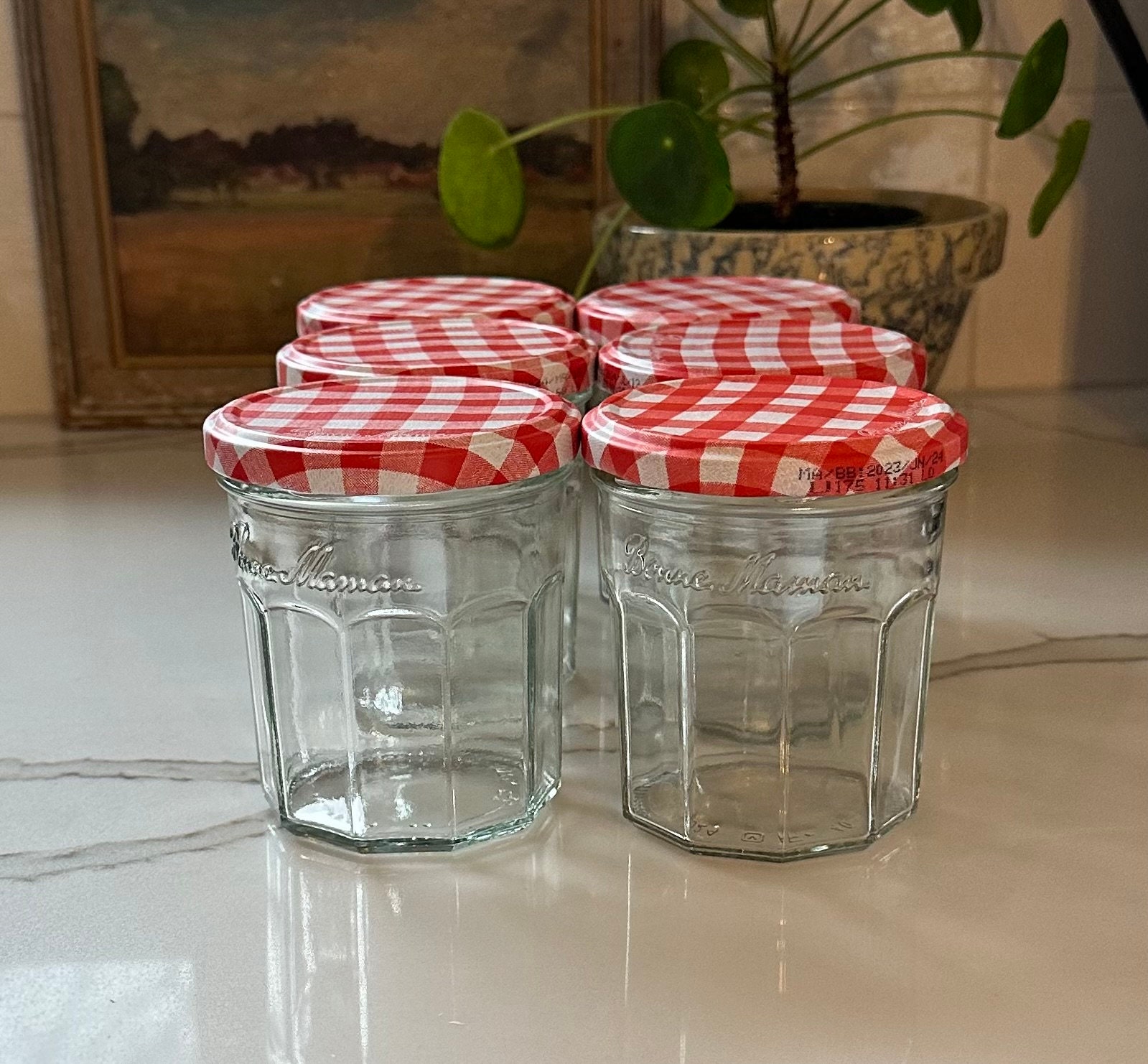 Lot of 11 BONNE MAMAN 1 OZ Mini Jars, Pink/Red Plaid Lids~Crafts